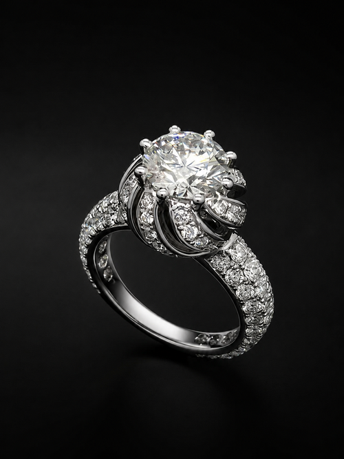 Custom round lab-grown diamond pavé engagement ring by Brrin Jewelry